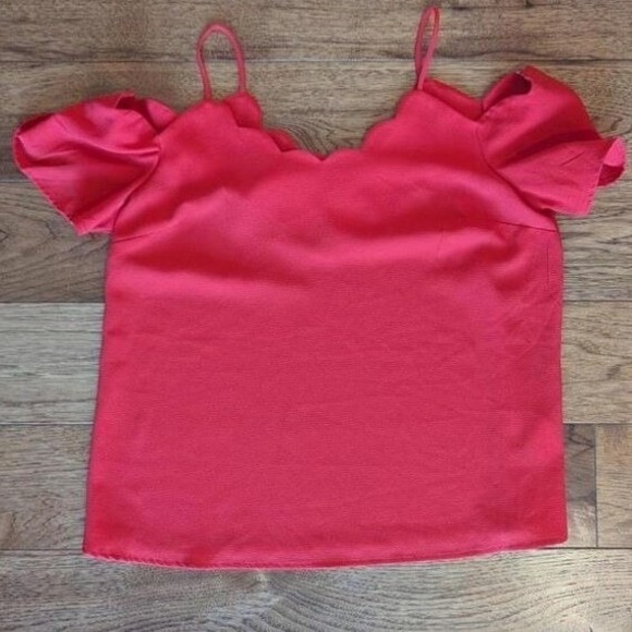 Monteau Los Angeles Tops - Red Scalloped Cold Shoulder Blouse Top Short Sleeve Feminine Coquette Romantic